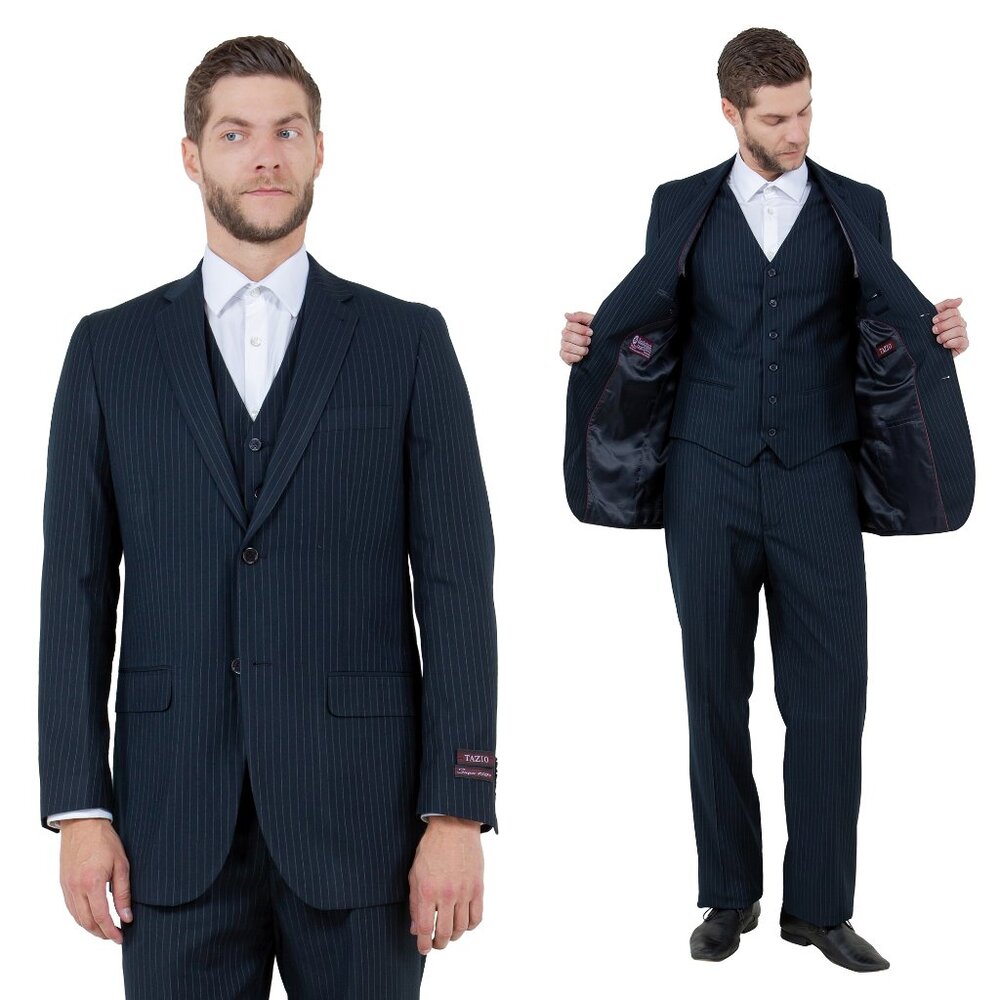 Classic Fit Pinstriped Men's 3-Piece Suit by Demantie, Dark Navy